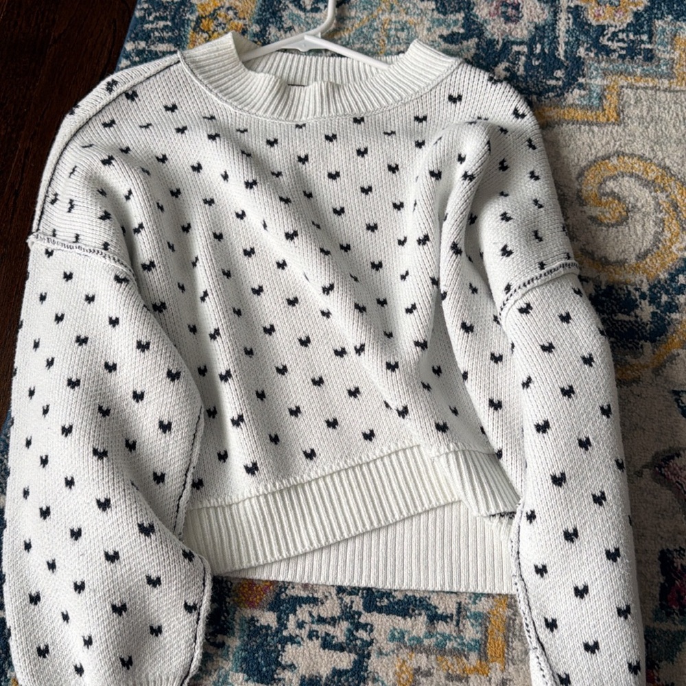 Free People White and Navy Heart Pattern Sweater